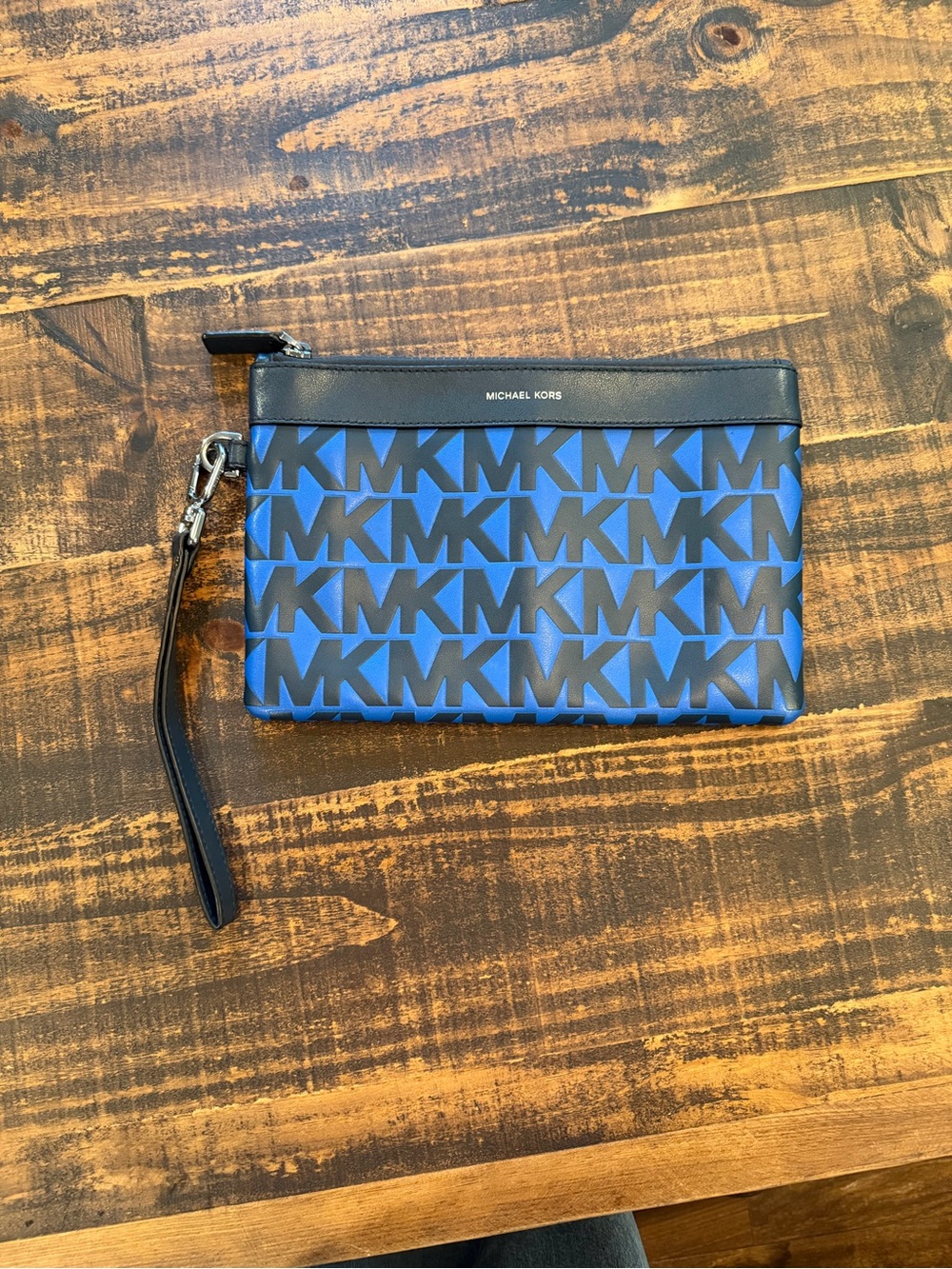 Michael Kors Blue and Black MK Logo Wristlet Clutch